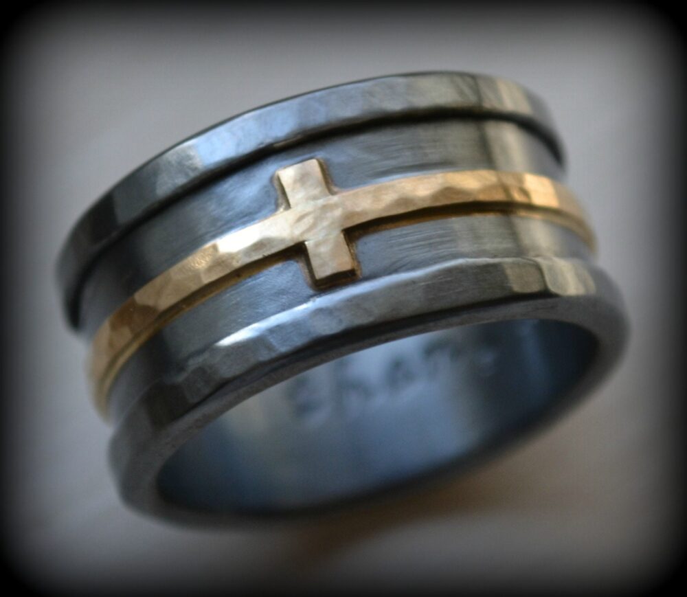 Mens Cross Wedding Band - Rustic Hammered Ring, Oxidized Fine Silver, Sterling, 14K Yellow Handmade Band, Jesus