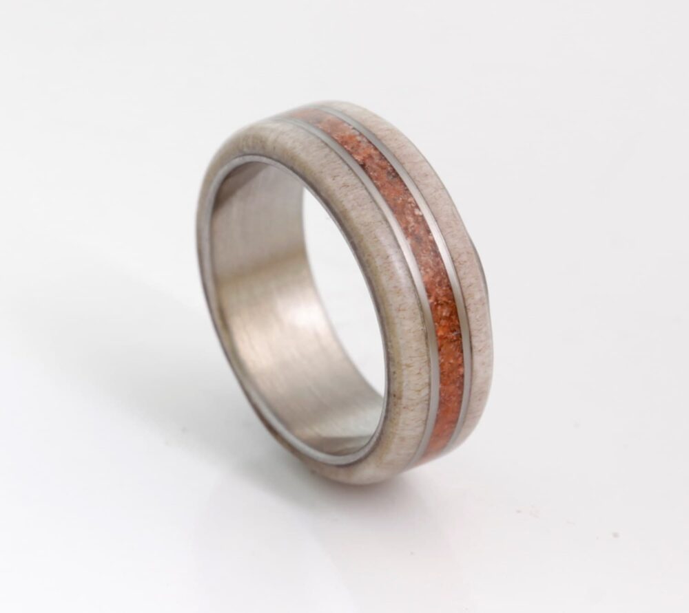 Titanium Wedding Band Coral Ring With Antler Mens Woman Flat