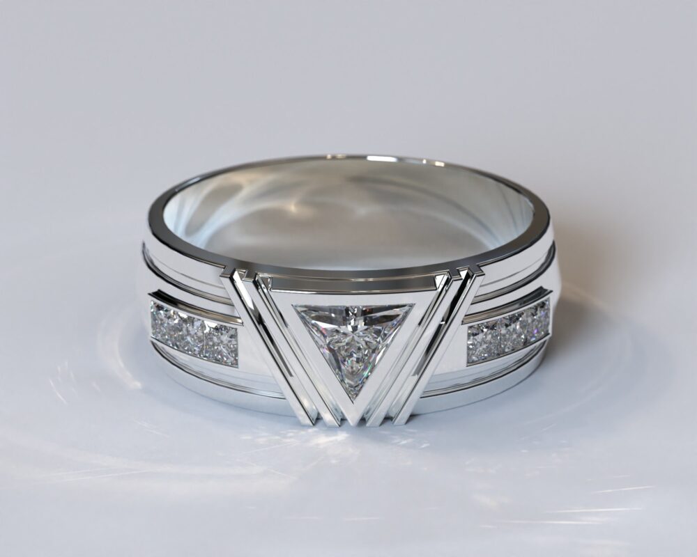 Man Diamond Ring/Triangle Gemstone Band Mens Wedding White Gold For Men Unique
