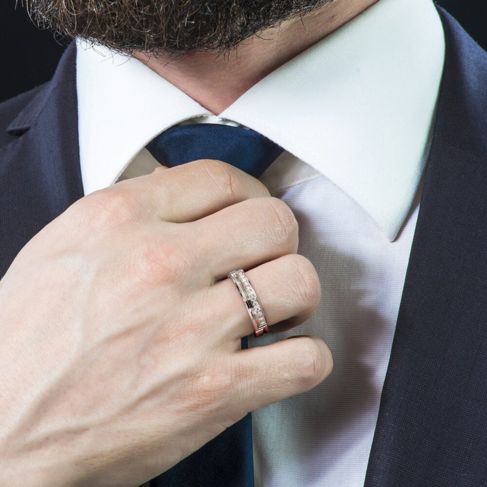 14K White Gold Diamond Ring For Men Modern Chunky Band