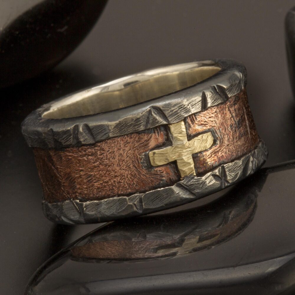 Rustic Handmade Mens Cross Ring, Silver Copper & 14K Gold Band, Rs-1418