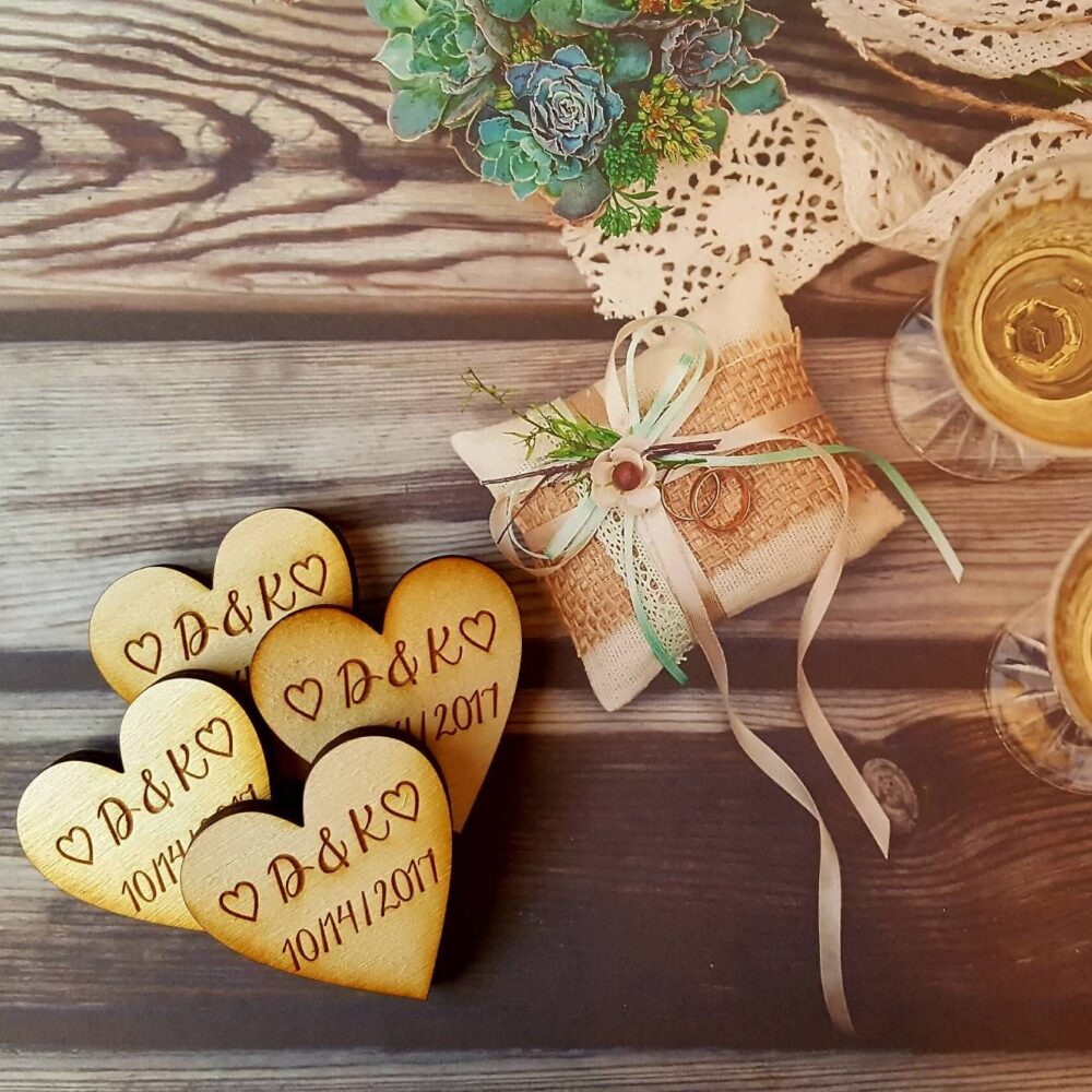 50 Laser Engraved Heart Wedding Favor Magnets Personalized Bride & Groom