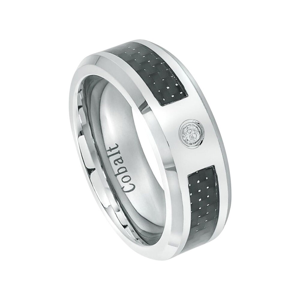 Mens Diamond Wedding Band Cobalt Ring Man 8mm Brushed Engagement Carbon Fiber