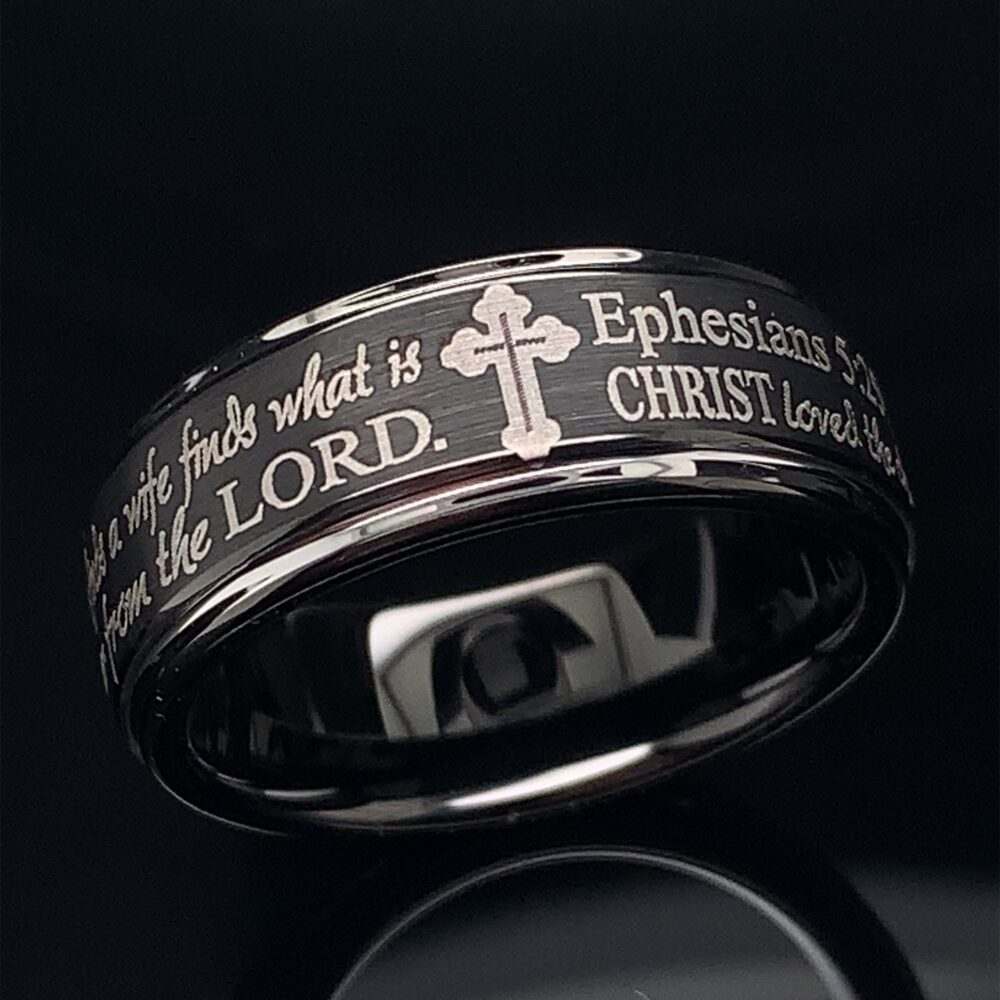 Christian Tungsten Wedding Ring, Ephesians 5-25 Proverbs 18-22 Bible Verse Band, Personalized Scripture Promise Ring