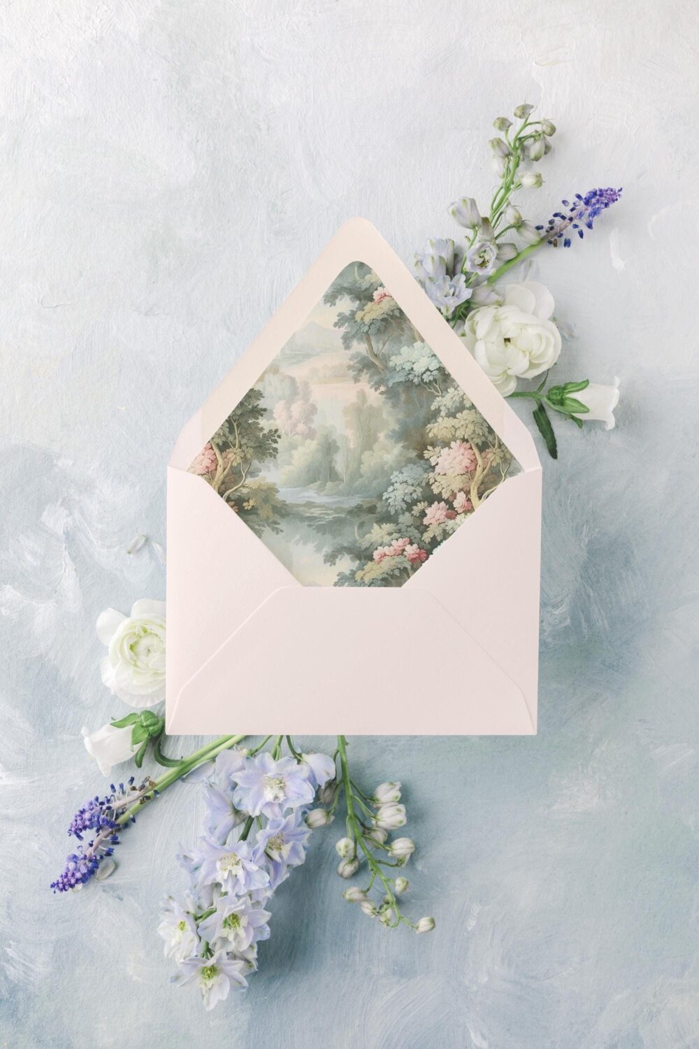 Romantic Fairytale Wedding Envelopes, Blue & Green Rococo Envelope Liner, Pastel Floral Lined Envelopes Wedding, "Midnight in The Garden"