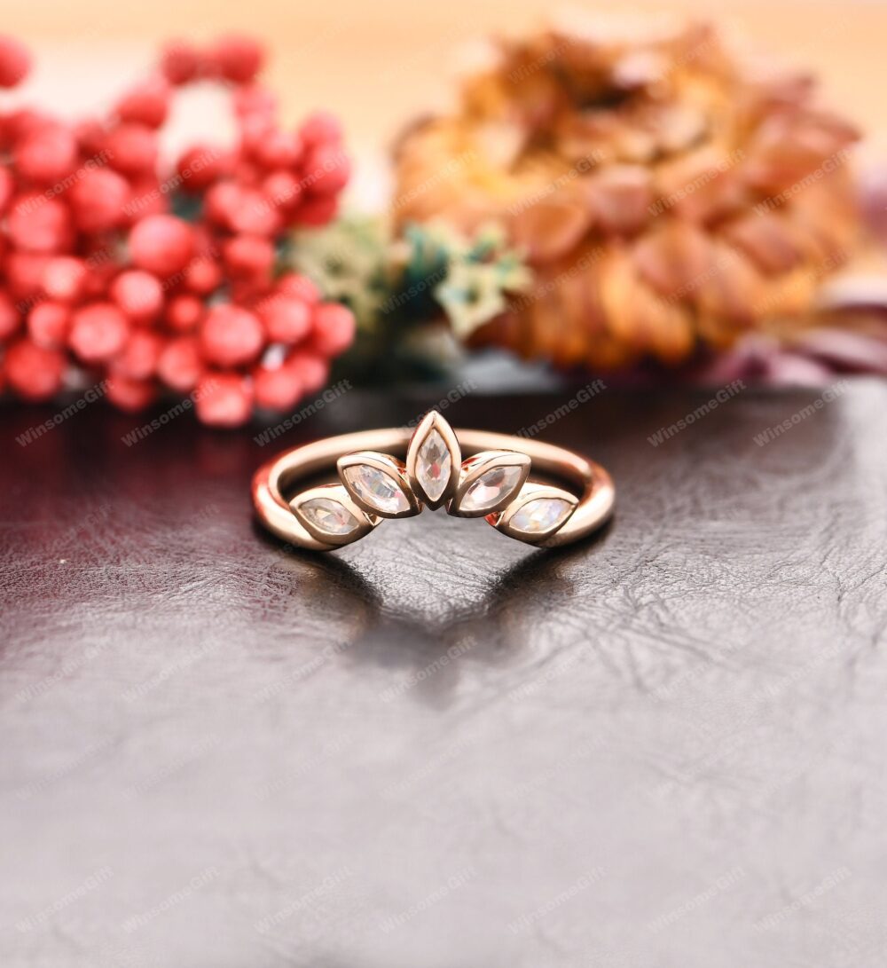 Marquise Cut Natural Moonstone Wedding Band, Curved Bridal Ring, Solid 14K Rose Gold Promise Ring Anniversary Gift For Lover