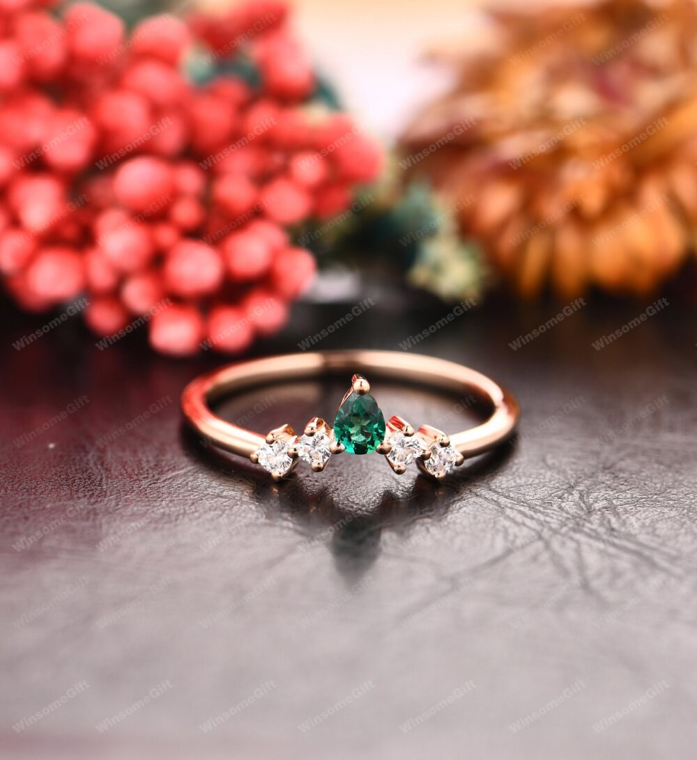 Pear Cut 3x4mm Emerald Curved Wedding Band, Solid 14K Rose Gold Bridal Ring, Anniversary Gift For Her, Delicate Jewelry
