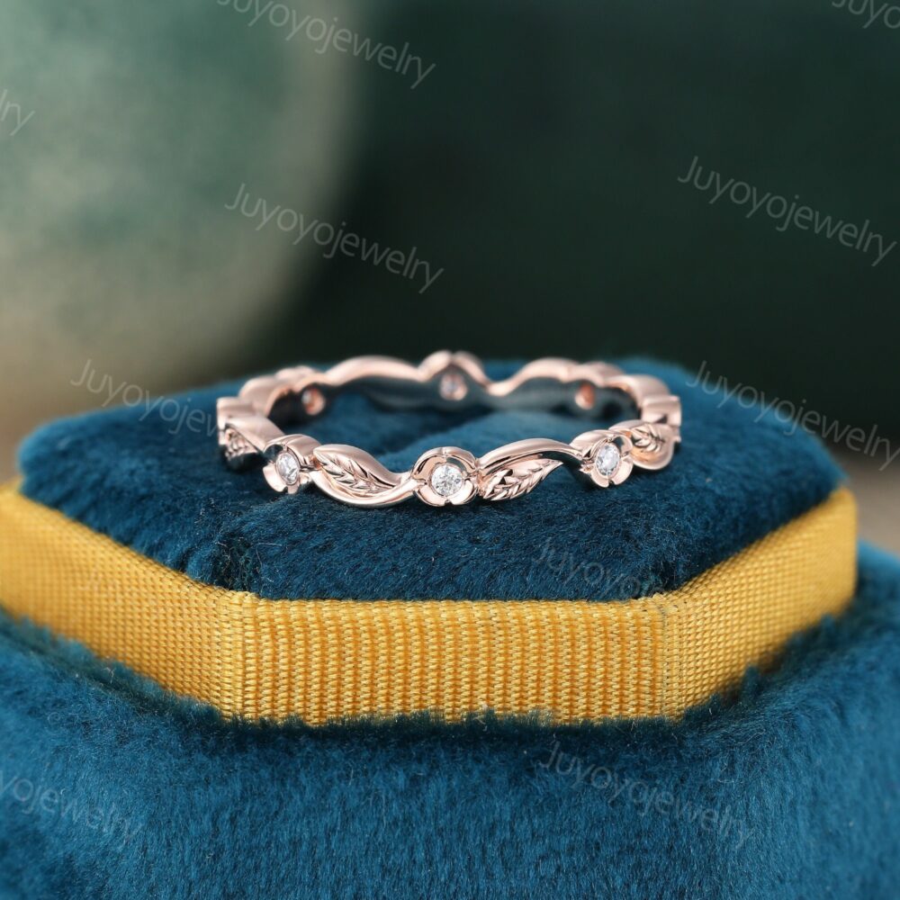 Full Eternity Moissanite Wedding Band Rose Gold Stack Ring Vintage Floral Matching Stackable Bridal Anniversary Gift For Her