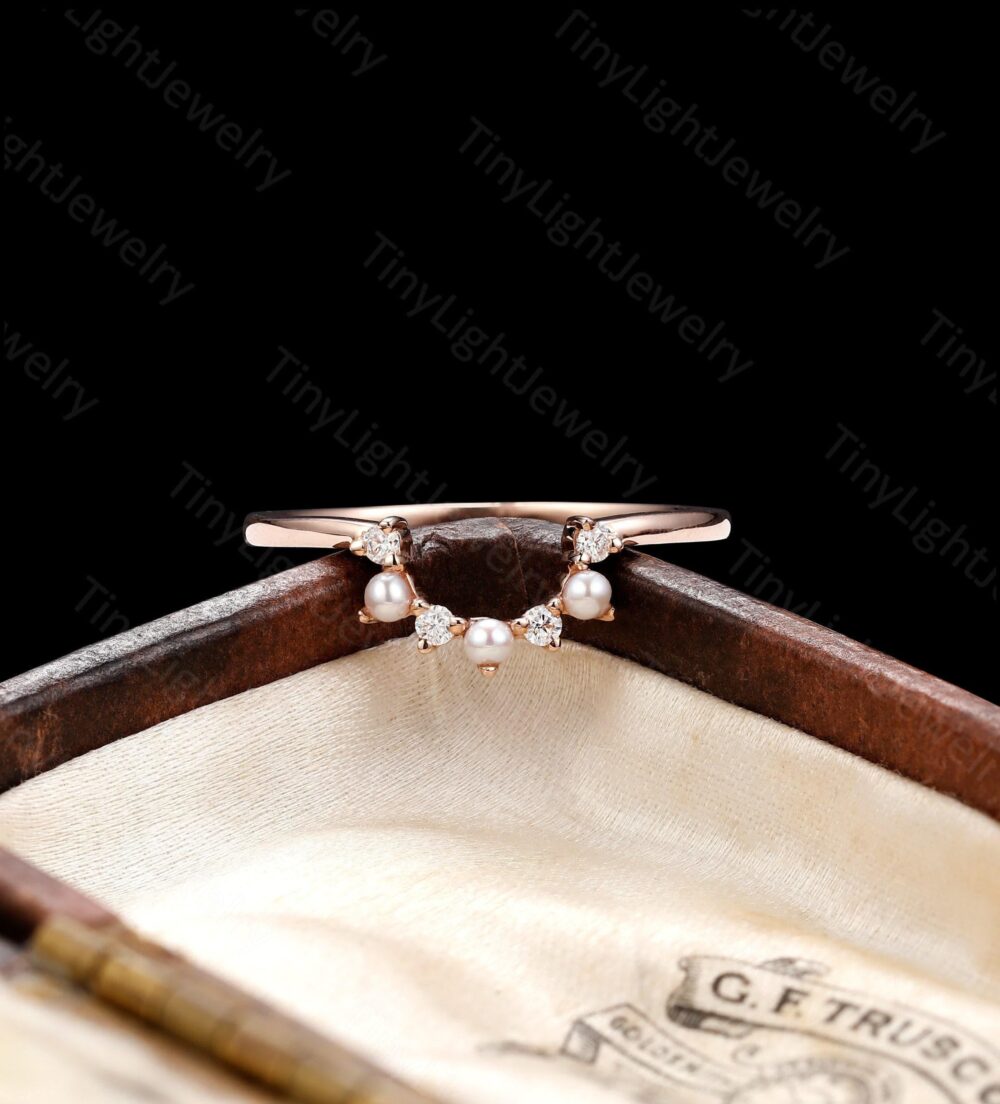 Moissanite Wedding Band Unique Rose Gold Curved Ring Dainty Freshwater Diamond Matching Stacking Bridal Anniversary