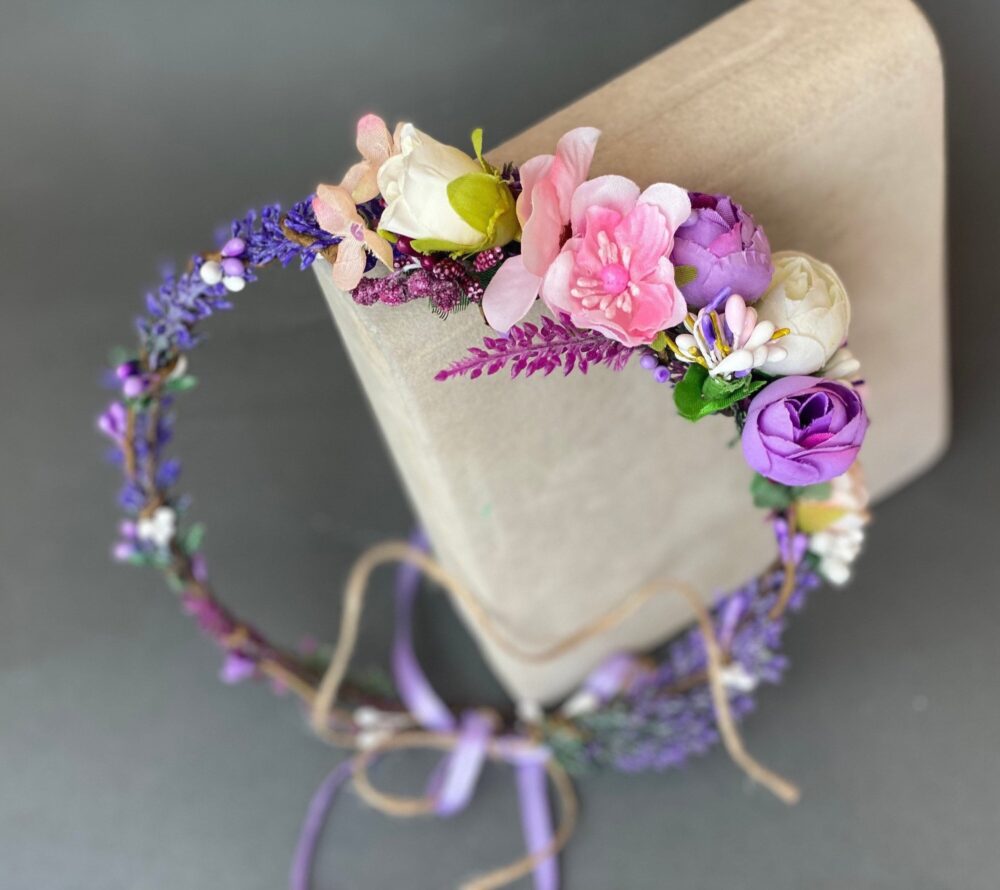 Lavender Flower Crown Boho Wedding Headband, Floral Hair Wreath