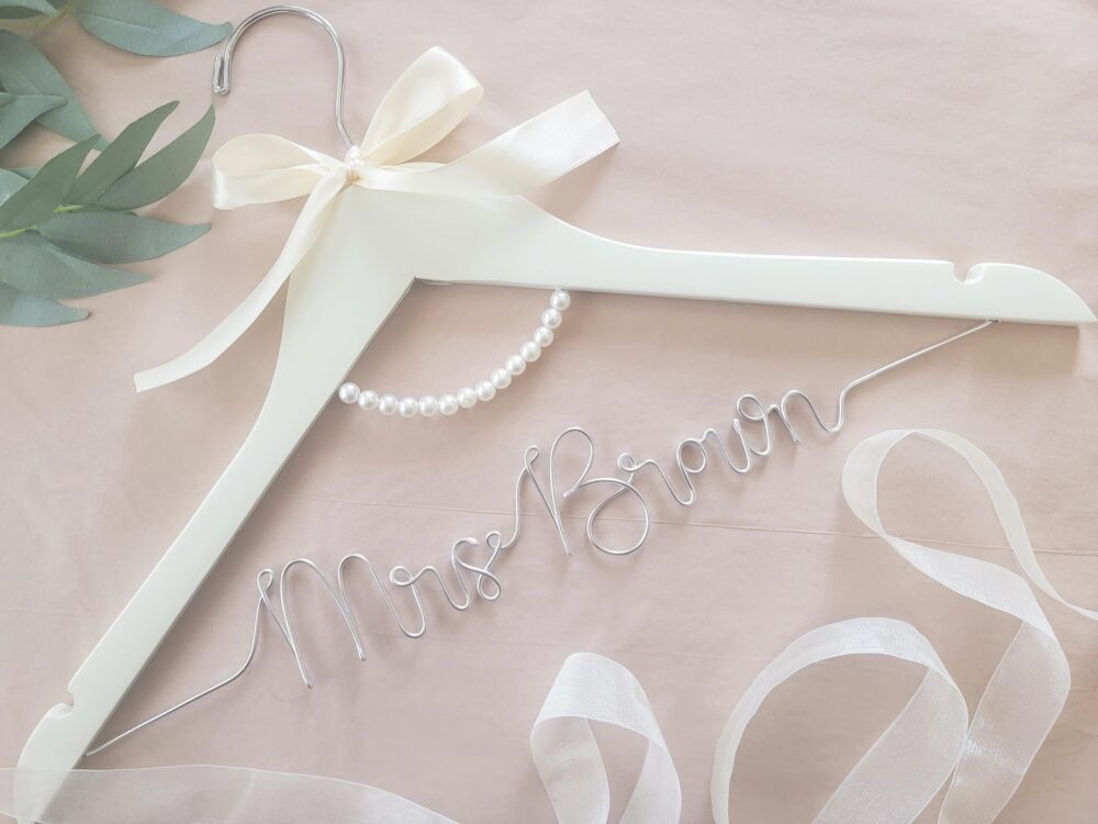 Custom Wedding Hanger Name Ribbon Pearls Wood Wire Personalized Bridal Bride Shower Gift Bridesmaid Elegant Vintage Classic