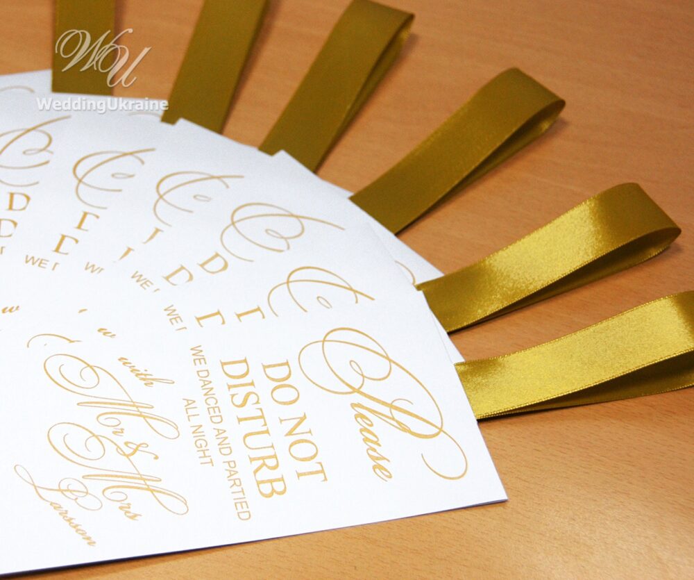 30 Gold Wedding Door Hangers, Do Not Disturb Hanger, Tags, Personalized Favor Ideas With Ribbon & Your Names