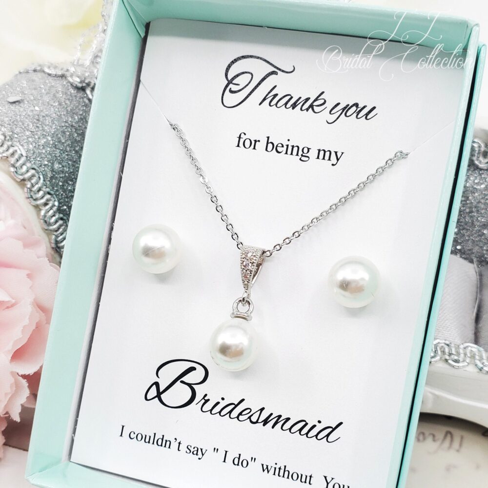 8mm Simple Pearl 925 Silver Post Wedding Bridesmaid Earrings & Necklace Set, Bridal Jewelry Gift For Mom Party