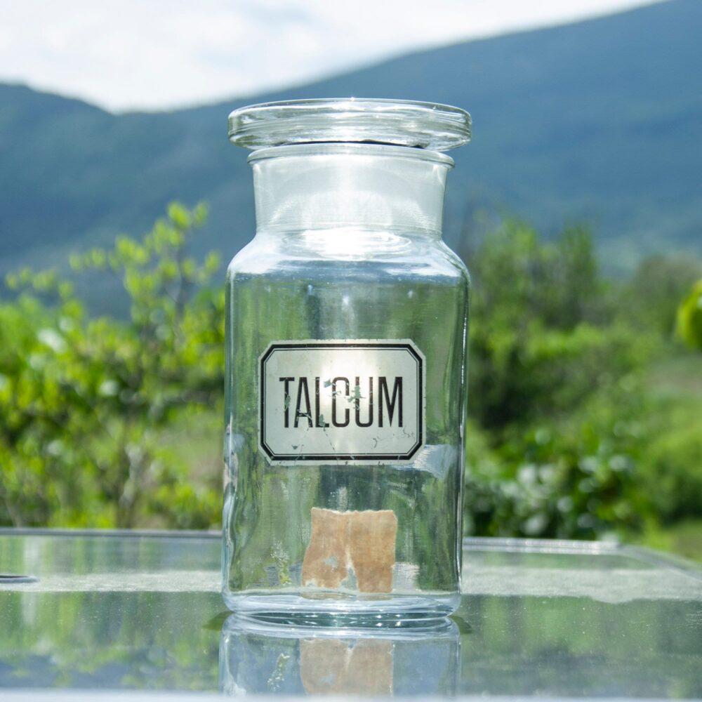 Vintage Glass Apothecary Jar, Talcum Label, Removable Top