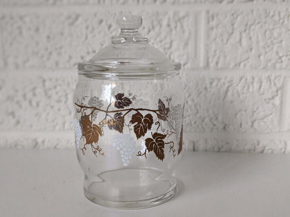 Vintage Glass Apothecary Jar With Lid | White Grapes, Gold Leaves Design Grapevine Small Candy