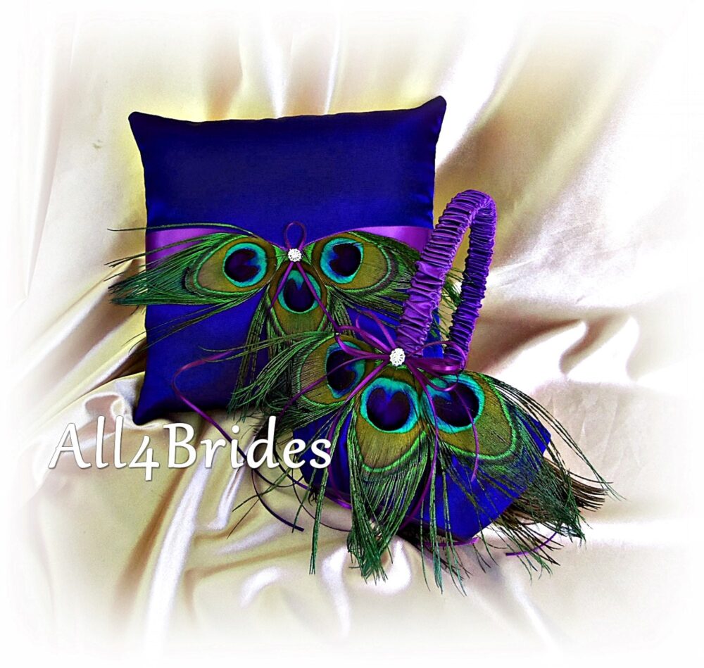Wedding Peacock Feather Ring Pillow & Flower Girl Basket Blue Regency Purple Weddings Accessories