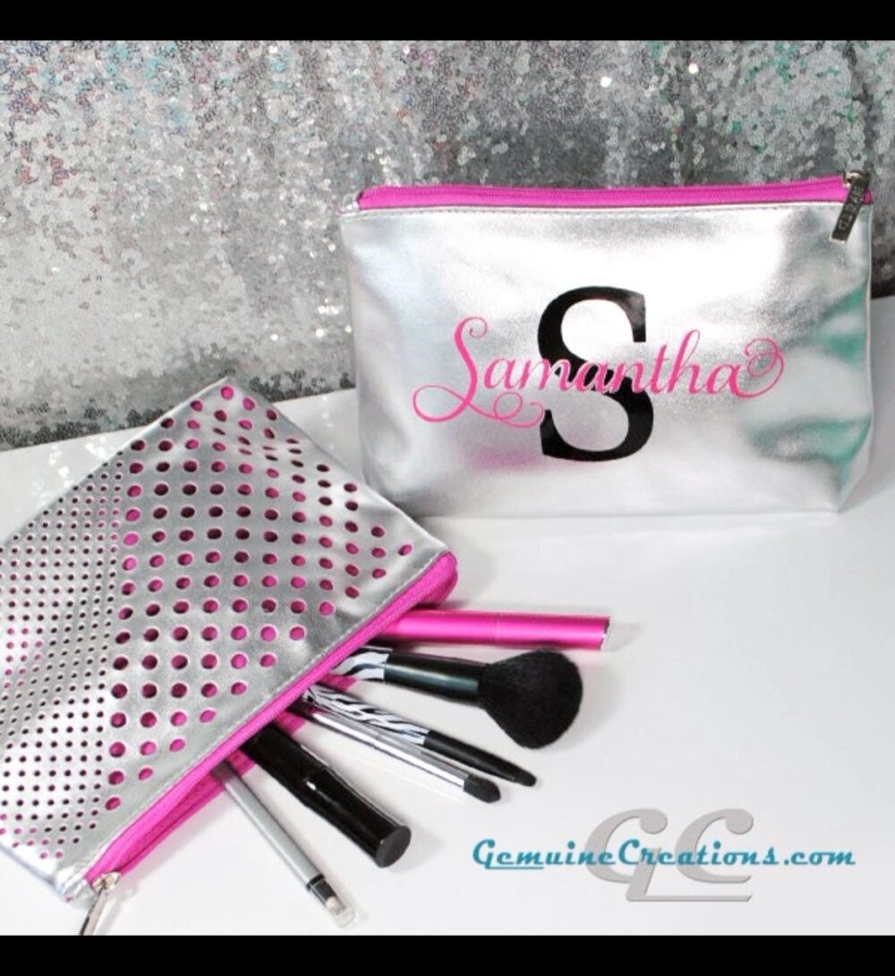 Personalized Cosmetic Bag Faux Silver Leather Makeup Travel Bag