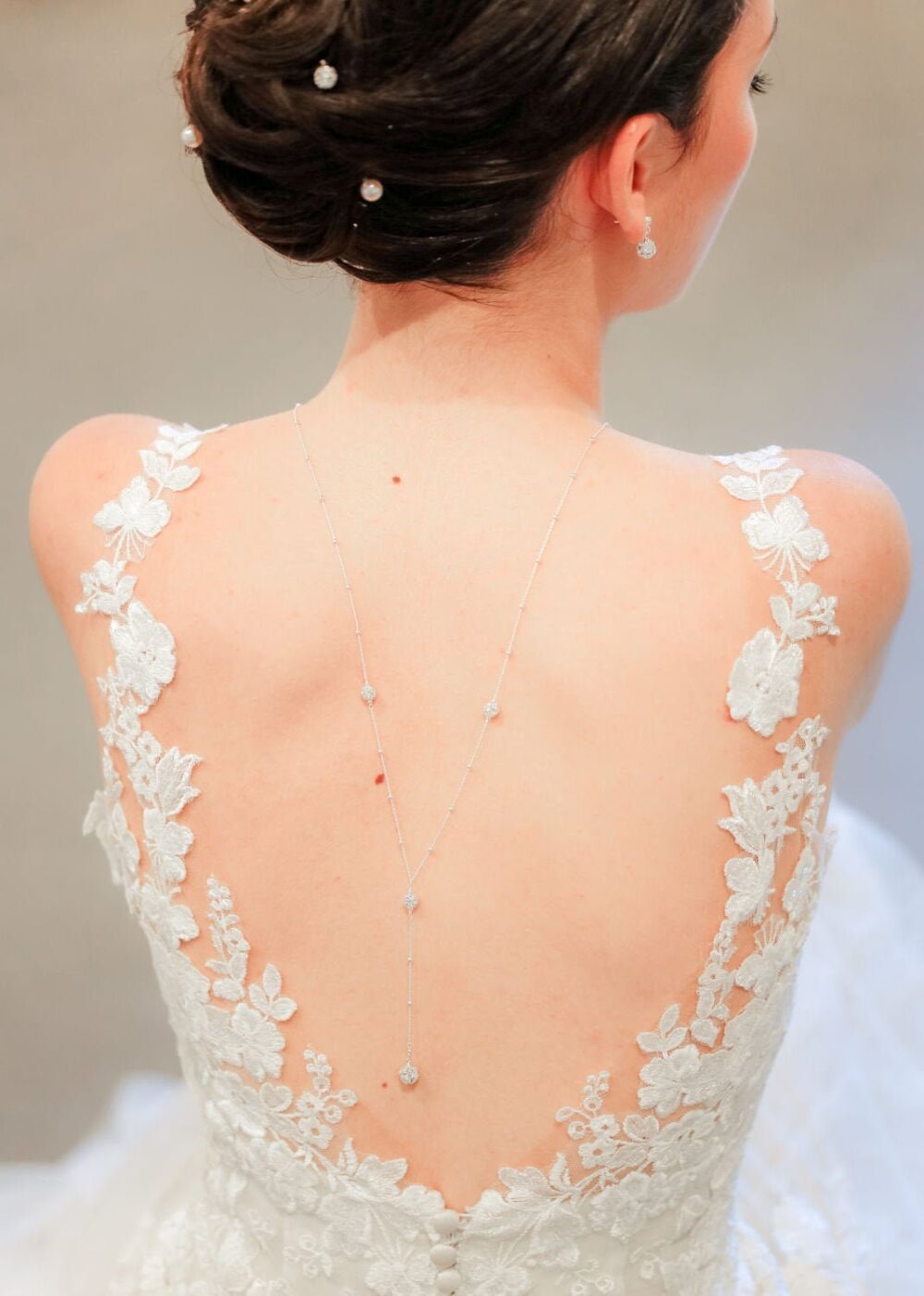 Bridal Backdrop Necklace, Lucia, Wedding Jewelry, Crystal Bridal Jewellery, Silver Back Necklace