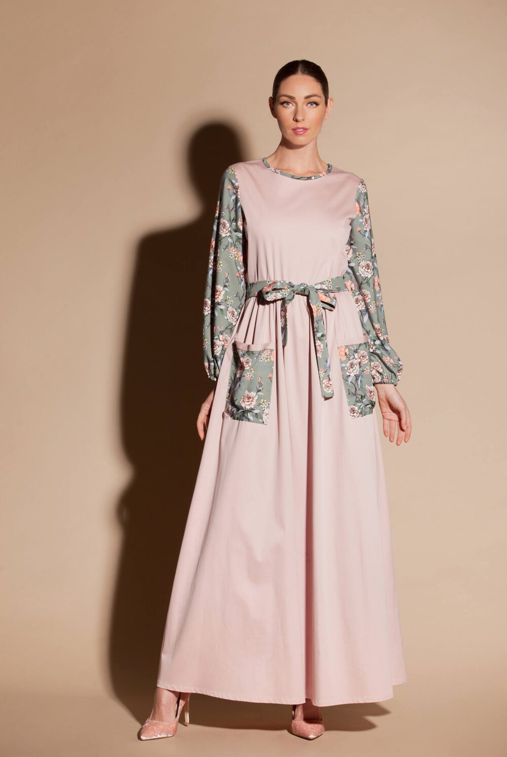 Floral Maxi Dress, Blush Pink Cotton, Bishop Sleeves