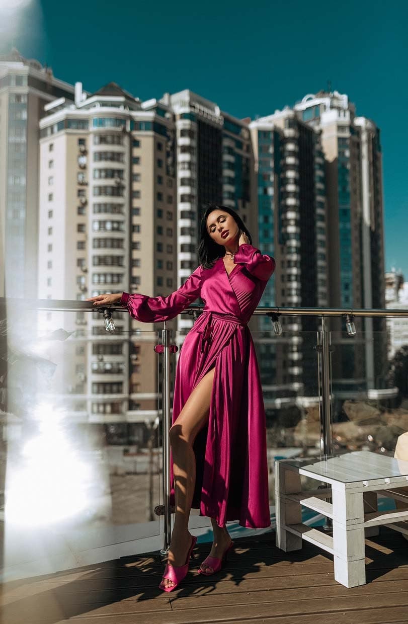 Fuchsia Wrap Dress, Silk Wrapped Slip Dress Slit, High Slit Midi Long Sleeves With Side Flowy