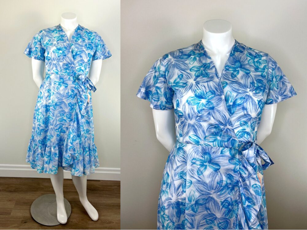 Vintage 1960S Deadstock Blue & White Floral Ruffle Wrap Dress. Never Worn. Combed Cotton Pockets Great Size