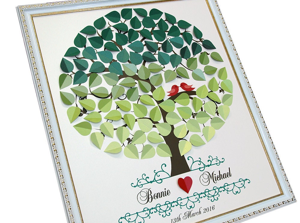 Wedding Guest Book Ideas - Green Ombre Tree With Love Birds & Heart Signature Shadows Of