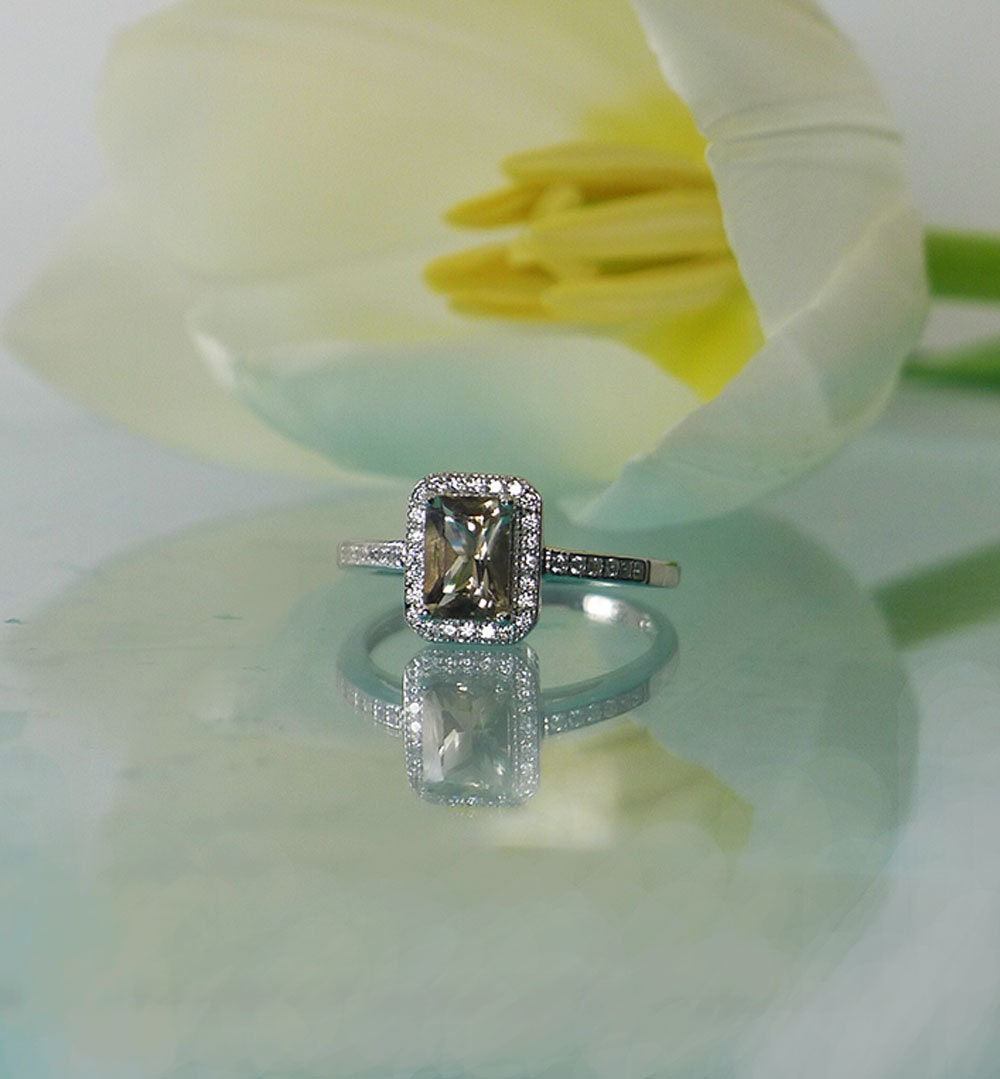 Halo Engagement Ring, Sterling Emerald Cut Herkimer Diamond Ring