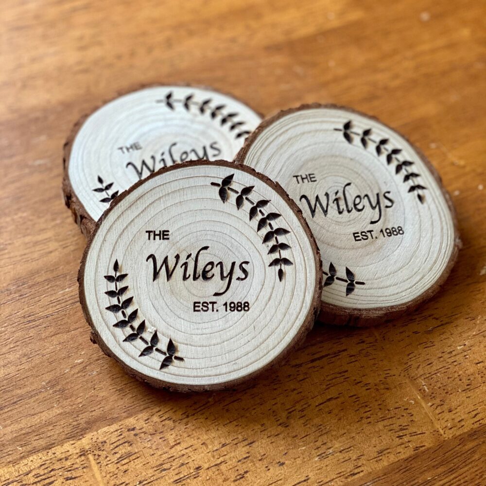 Custom Wood Slice Wedding Favors - Laser Engraved With Name, Year, Date, & Other Options