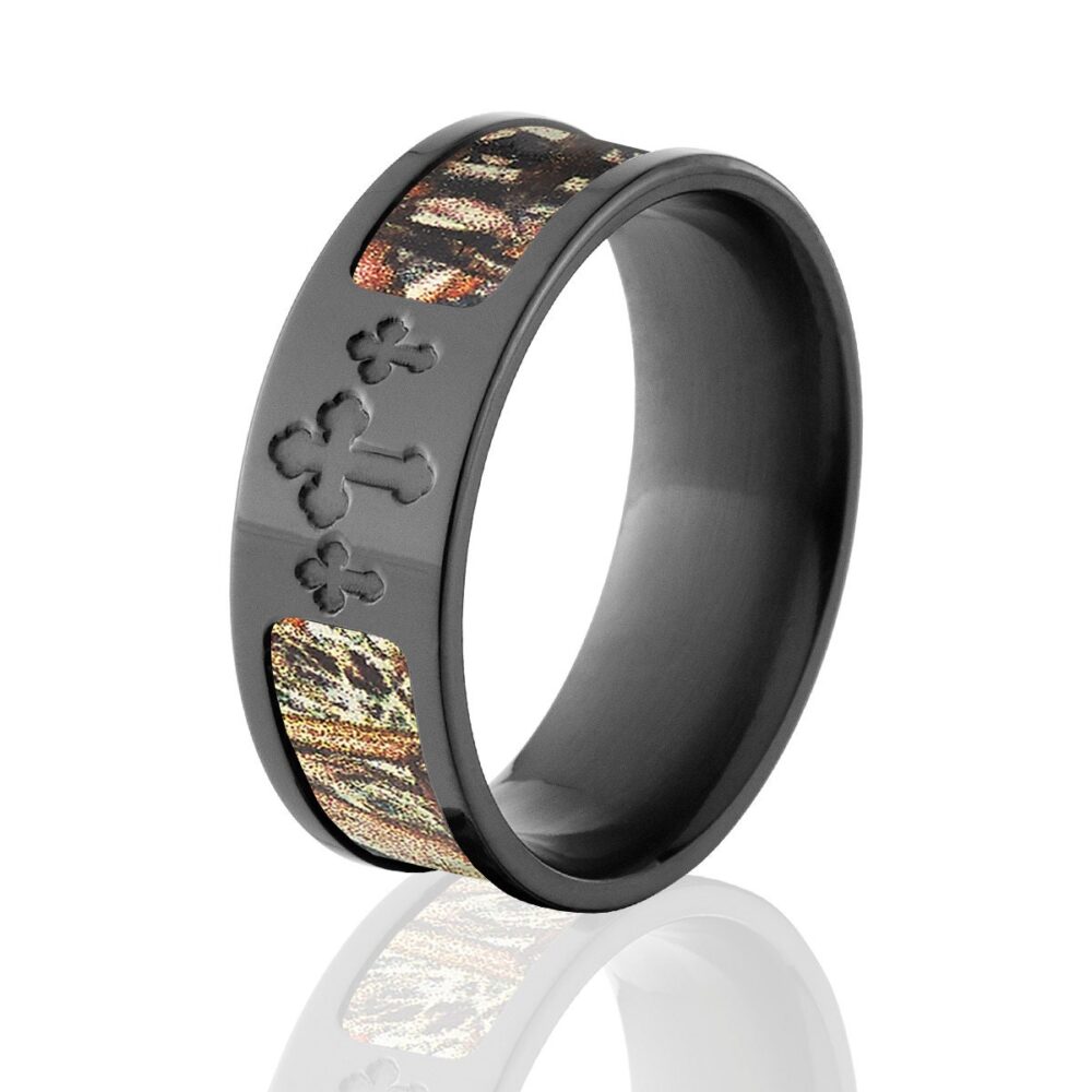 Black Zirconium Ring, Mossy Oak Duck Blind Camo, Celtic Cross Men's Wedding Band