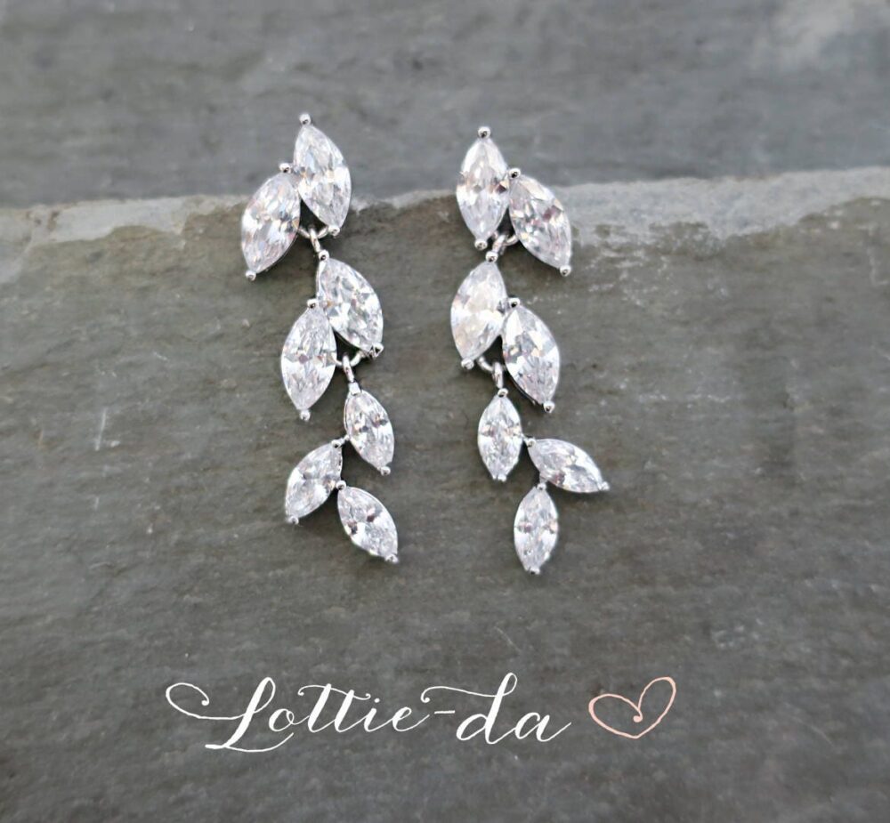 Leaf Design Wedding Bridal Dangle Earrings With Marquise Crystals, Bridesmaids By Lottiedadesigns "Avita"