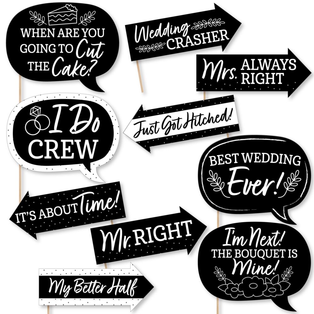 Funny Mr. & Mrs. - Black White Wedding Or Bridal Shower Photo Booth Props Kit 10 Piece