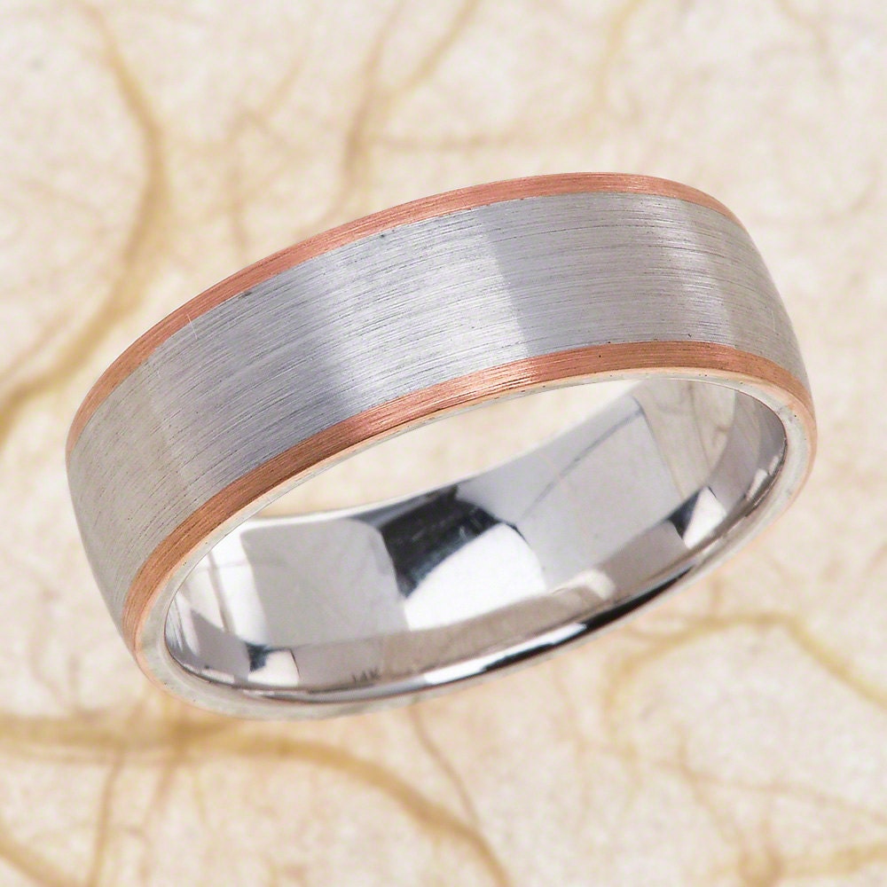 14K Rose & White Gold Mens Wedding Band-Brush Finish Band-Satin Band-Mens Band