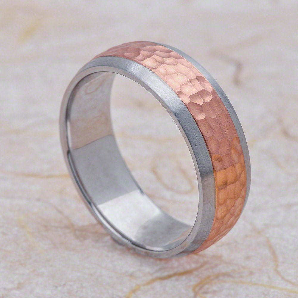 Hammered Finish 14K Rose & White Gold Mens Wedding Band-Mens Band