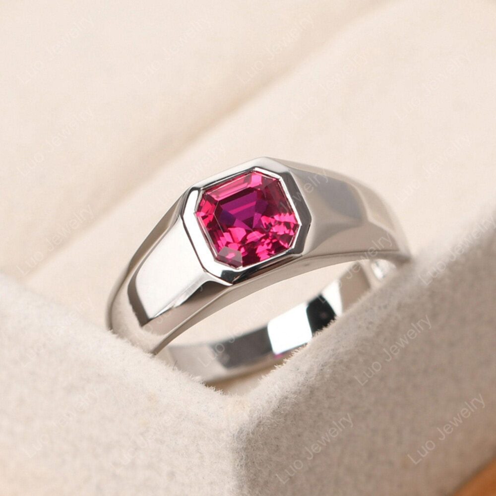 Minimalist Ruby Wedding Ring For Men, Silver Asscher Cut July Birthstone Ring, Gifts Father