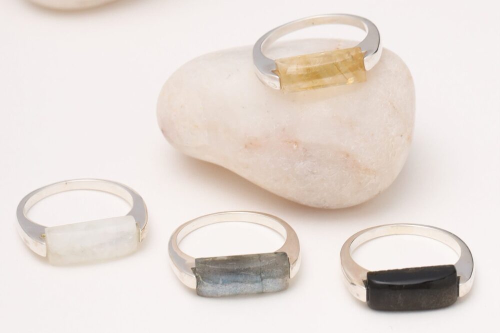 Birthstone Ring in Silver 925. Dailywear Crystal Gemstone Rings For Men & Women. Citrine, Labradorite, Obsidian, Moonstone Baguette