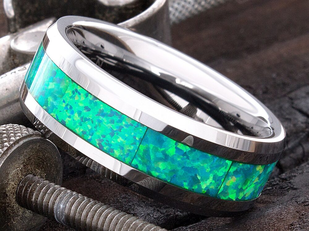 Tungsten Opal Ring - Wedding Band Mens Birthstone Engraved