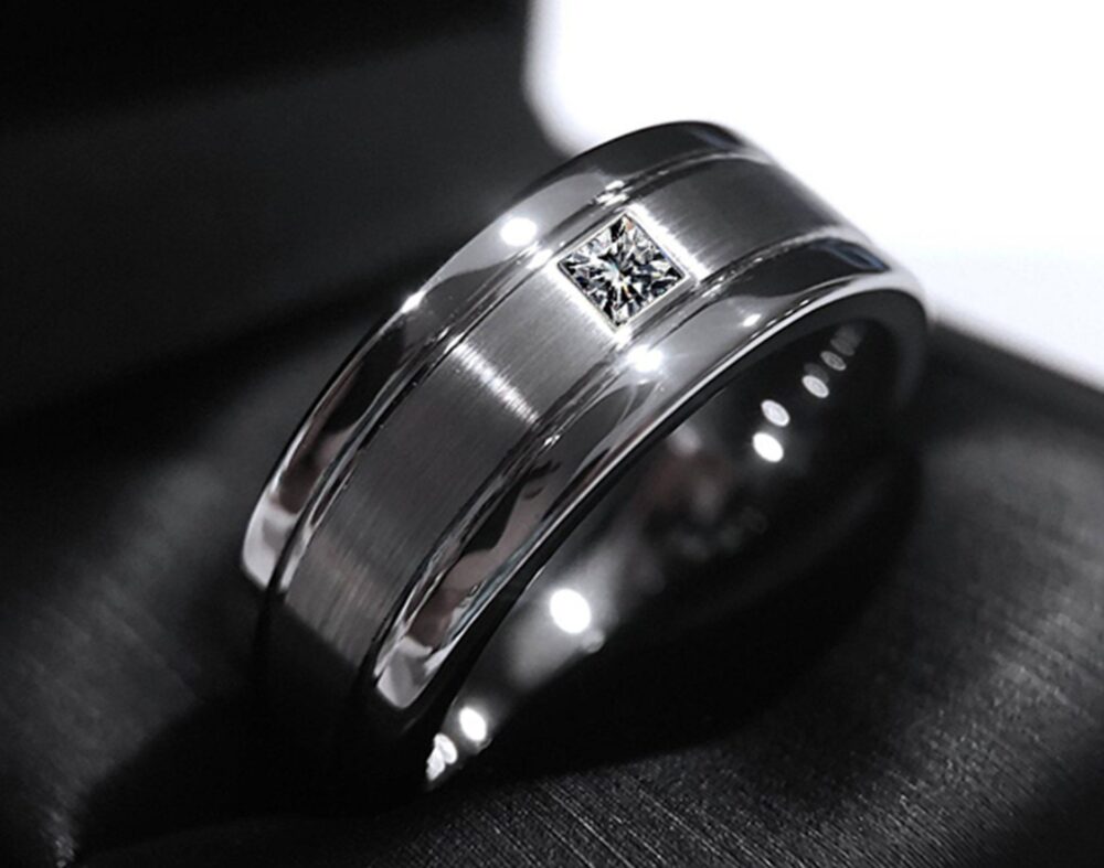Men's Tungsten Wedding Band | White Square Diamond Stone Brushed Center Engagement Gift For Husband Or Fiancé, Mens Birthstone Ring 8mm