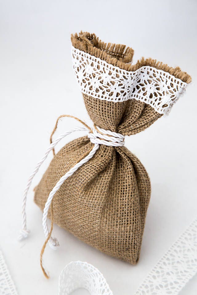 20 Burlap Wedding Favor Gift Bag Rustic Bomboniera Lace Vintage Μπομπονιέρα