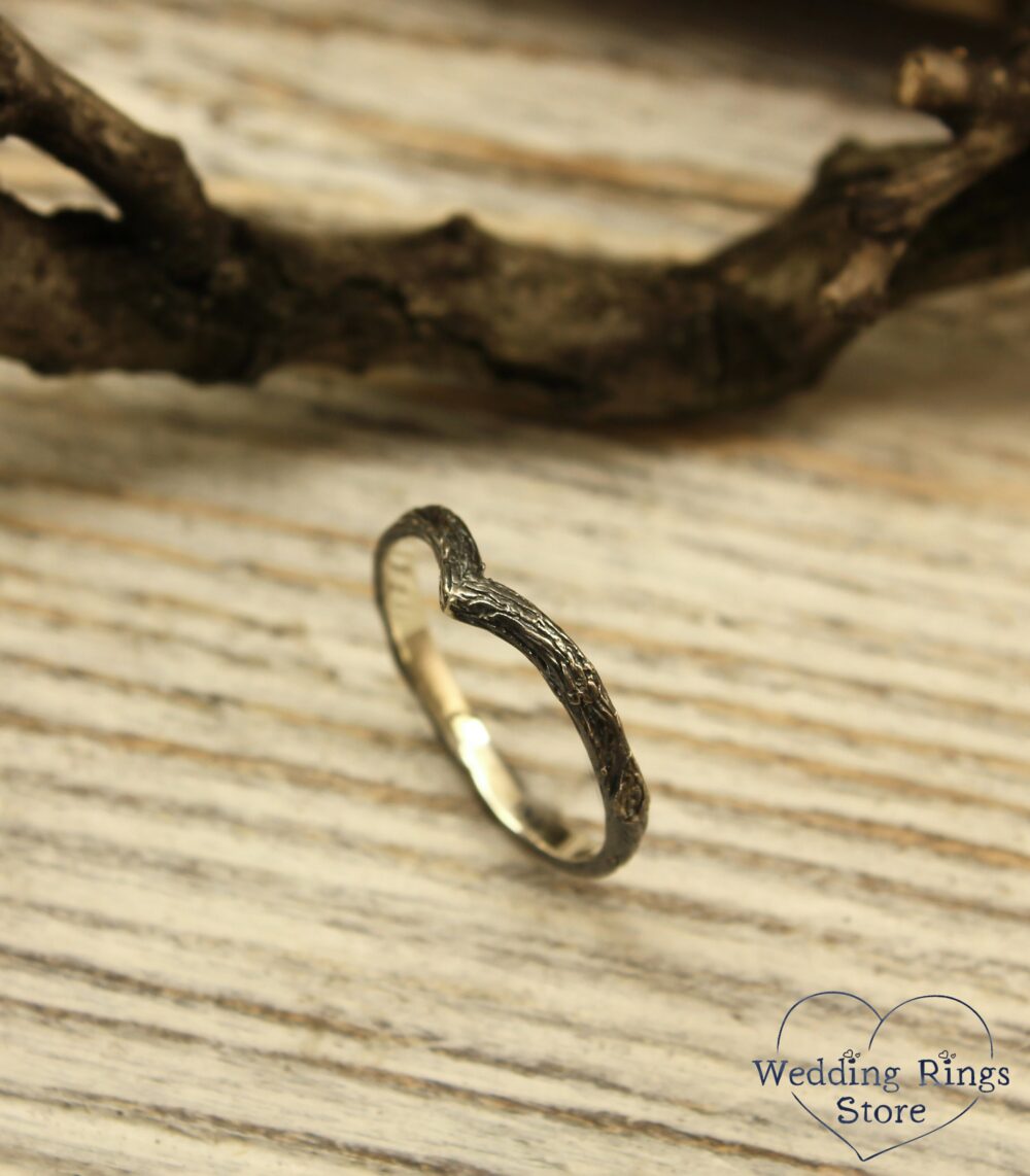 Dainty Chevron Wedding Band, Woman's White Gold Stackable Woodbark V-Ring, Tiny Branch Ring, Unique Gift For Girlfriend