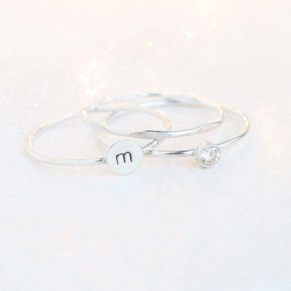 Silver Stacking Ring Set. Monogram Initial Ring. Diamond Personalized Set Of Three Rings. Gift For Her