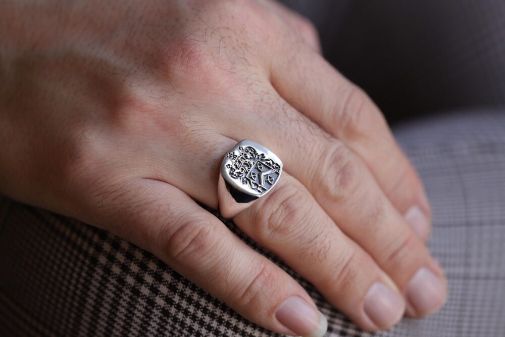 Custom Engraved Mens Family Crest Signet Ring, Silver Ring Men