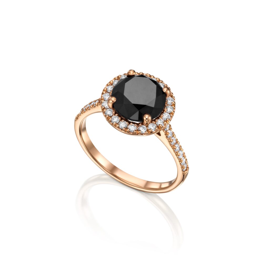 Black Diamond Engagement Ring With Natural Diamonds Halo in 14K Rose Gold, Big Solitaire
