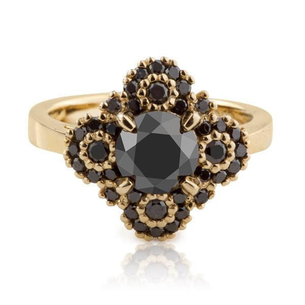 Flower Black Diamond Engagement Ring, Vintage Style Alternative Ring, Promise Ring 14K Gold