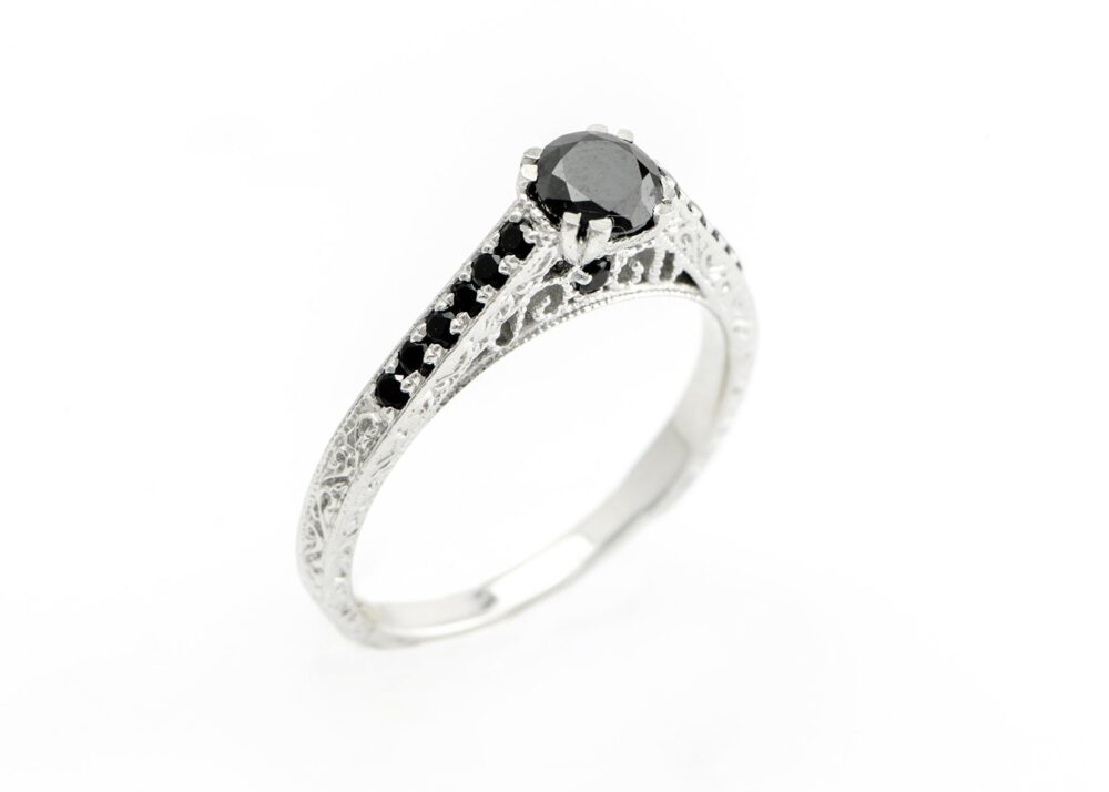 Vintage Art Deco Black Diamond Engagement Ring, 14K White Gold