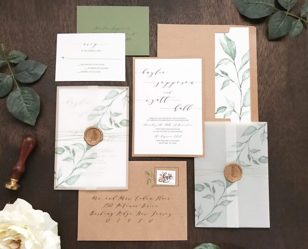 Vellum Wedding Invitation Set With Wax Seal & Printed Eucalyptus Greenery, Rustic Elegant Invite, Romantic Modern Calligraphy & Thread Wra