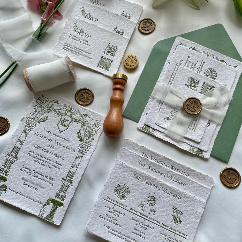 Letterpress Rustic Tuscany Wedding Invitation Suite, Handmade Paper Sage Green Invitation, Elegant Mediterranean Design