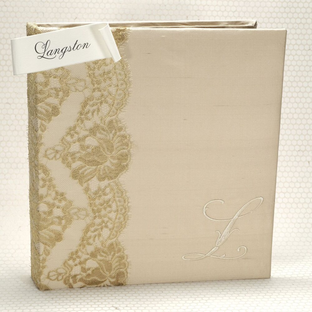Gold Wedding Book - Alencon Lace Trim Custom Guest Guestbook Memory Beloved Photo Album Langston