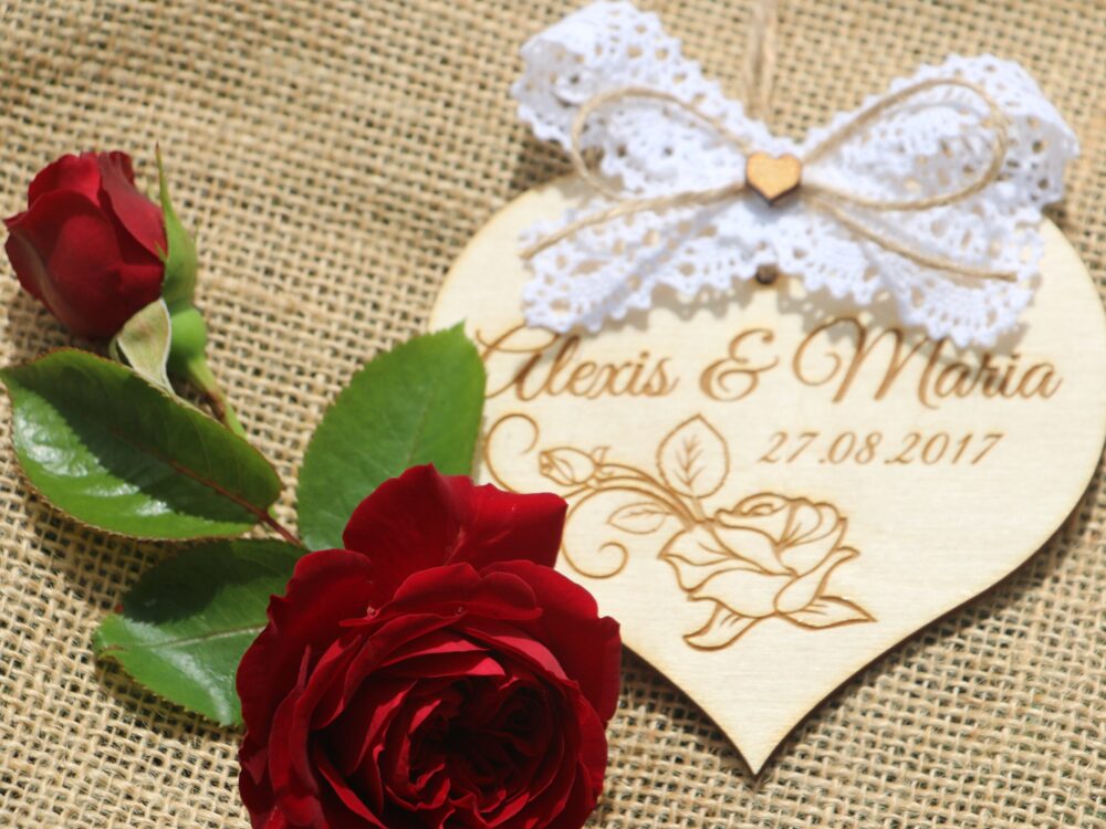 Custom Wedding Heart/ Engraved Heart With Cotton Lace /Laser Engraved /Wooden /Heart Your Text/Savethedate