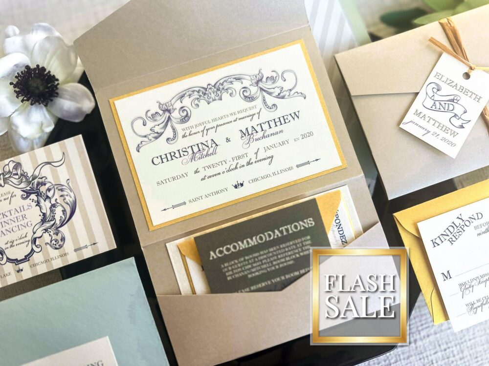 Blue & Gold Wedding Invitations, Vintage Invitation Suite, Beach Invites, Luxury Set - "Romantic French Country" Pf-1L Sample