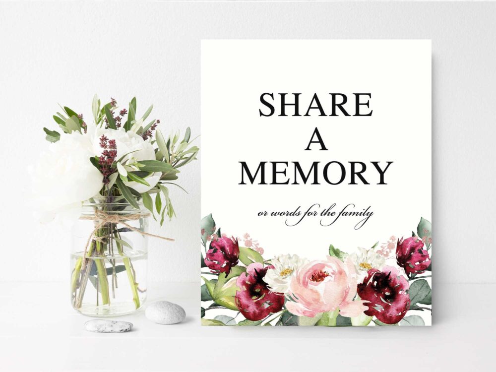 Funeral Share A Memory Sign, Floral Favorite Sign Decor, Printed Or Template Memorial Ideas, Watercolor Sign